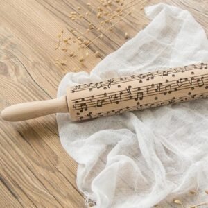 Musical Notes 3D Rolling Pin – Engraved Wood Cookie & Pastry Roller for Bakers & Music Lovers (Solid Wood Baking Tool)