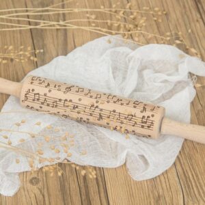 Musical Notes 3D Rolling Pin – Engraved Wood Cookie & Pastry Roller for Bakers & Music Lovers (Solid Wood Baking Tool)